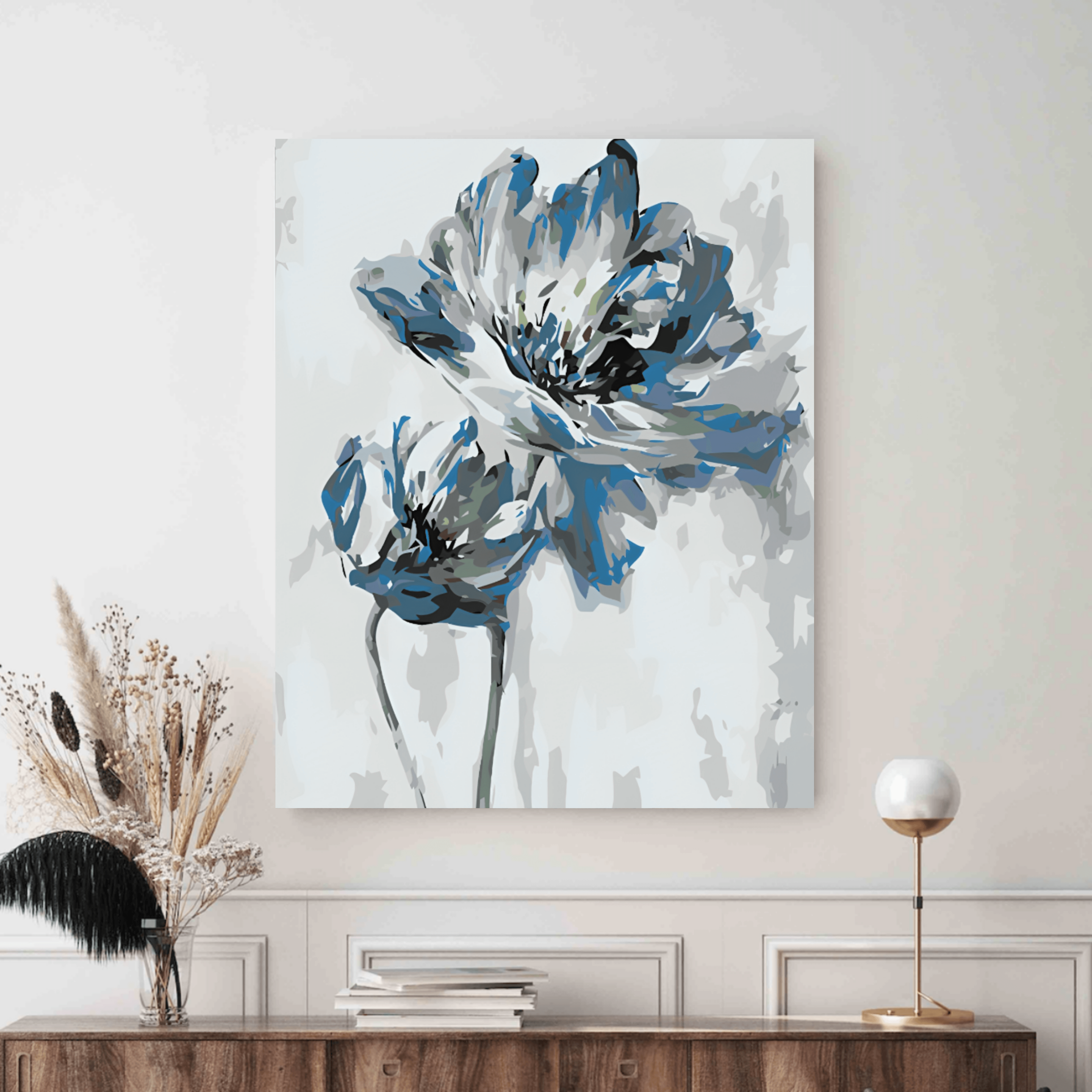 Colectie tablouri pe numere - Abstract: Setul include vopsele numerotate, 3 pensule, panza numerotata, agatatoare, imagine de control si pachet pentru impachetat. Optional, poate avea sasiu pentru inramare.