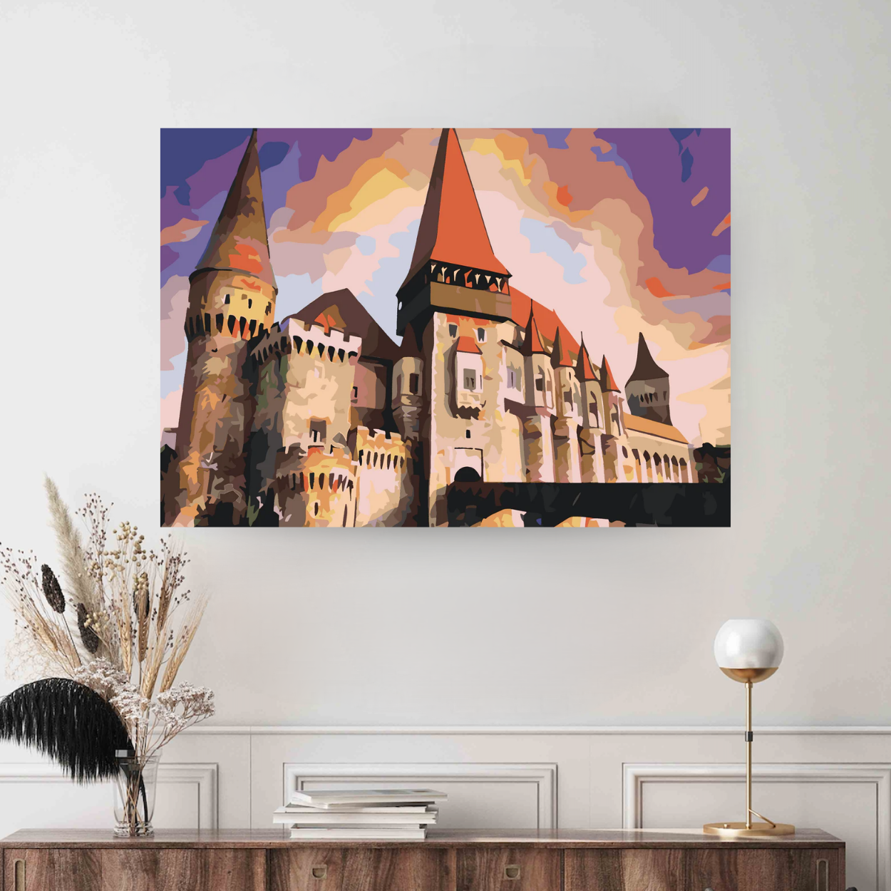 Colectie tablouri pe numere - Romania – Setul include vopsele numerotate, 3 pensule, panza numerotata, agatatoare, imagine de control si pachet pentru impachetat. Optional, poate avea sasiu pentru inramare.