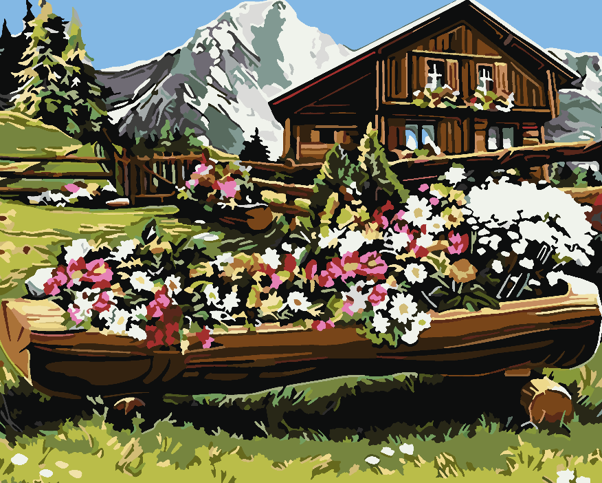 Peinture par numéros - Paysage de montagne avec fleurs 4210