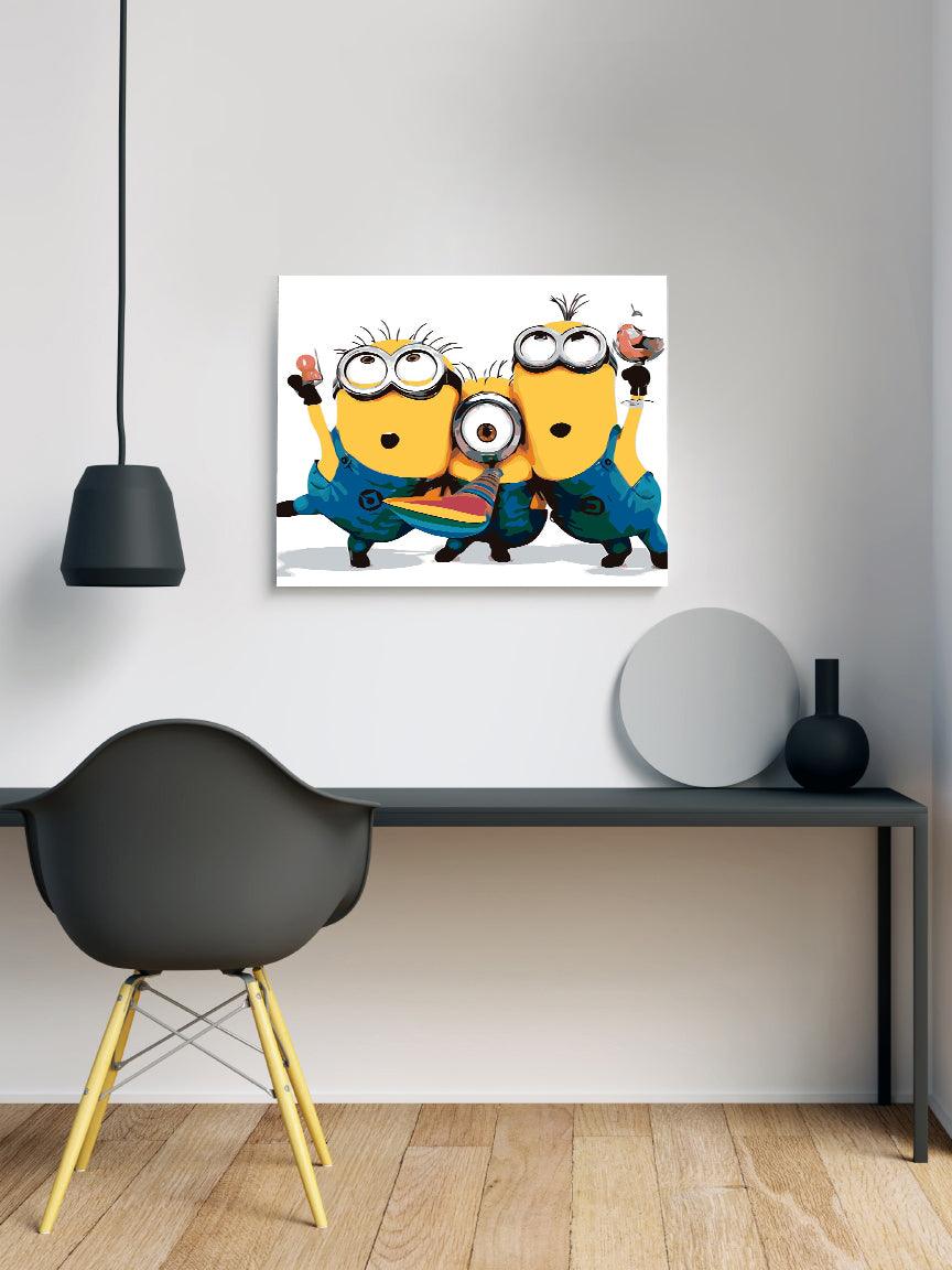 a desk with a chair and a painting on it