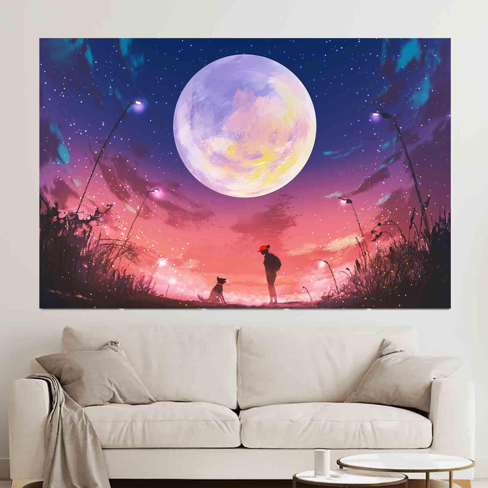 Peinture sur toile - Femme et chien la nuit