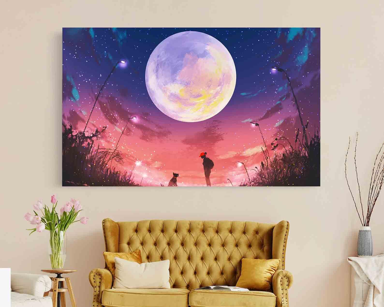 Peinture sur toile - Femme et chien la nuit