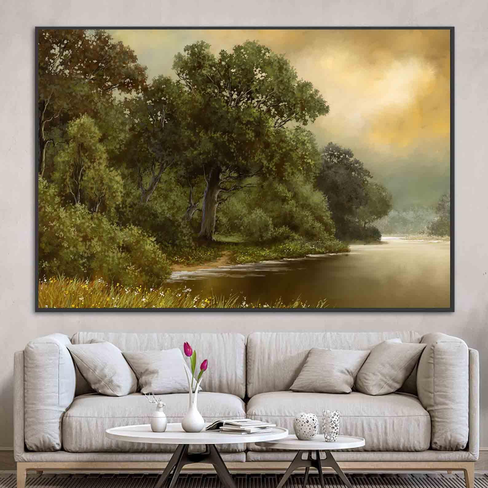 Peinture sur toile - Paysage d'été avec rivière