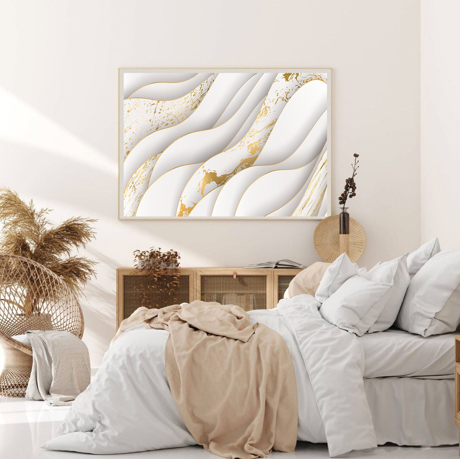 Peinture sur toile - Abstrait blanc et or