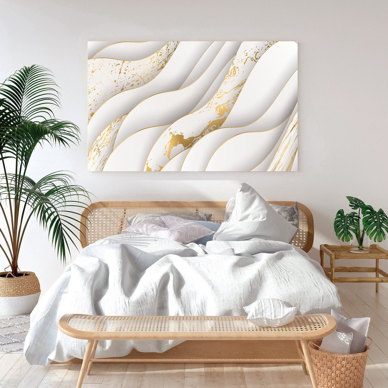 Peinture sur toile - Abstrait blanc et or