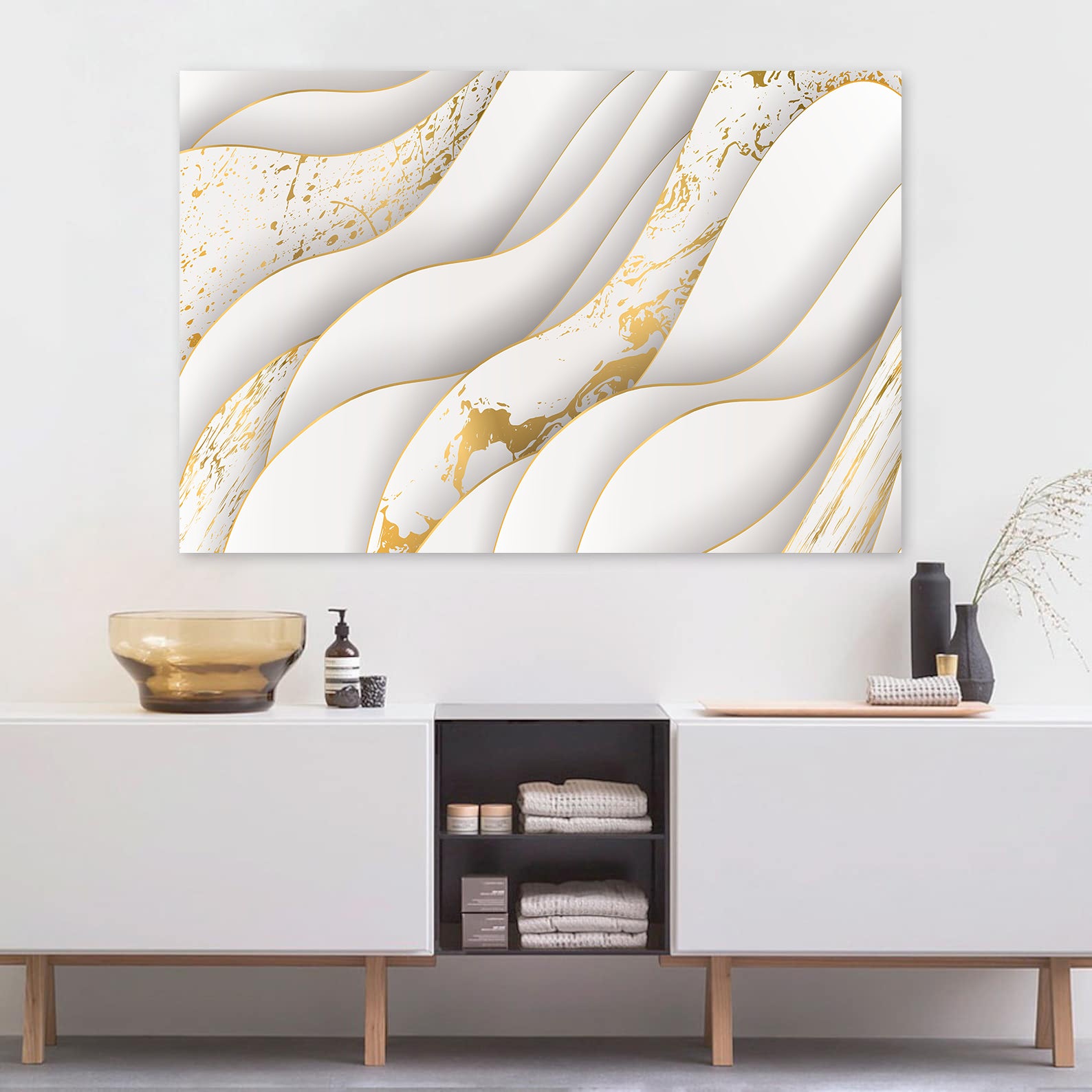 Peinture sur toile - Abstrait blanc et or