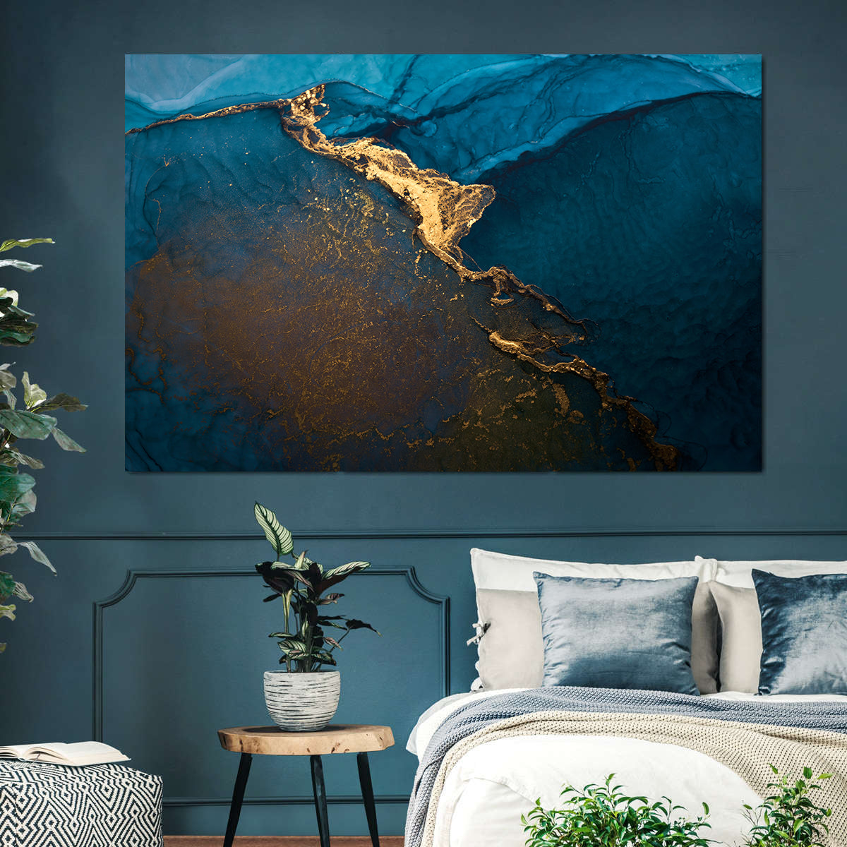 Peinture sur toile - Abstrait bleu doré