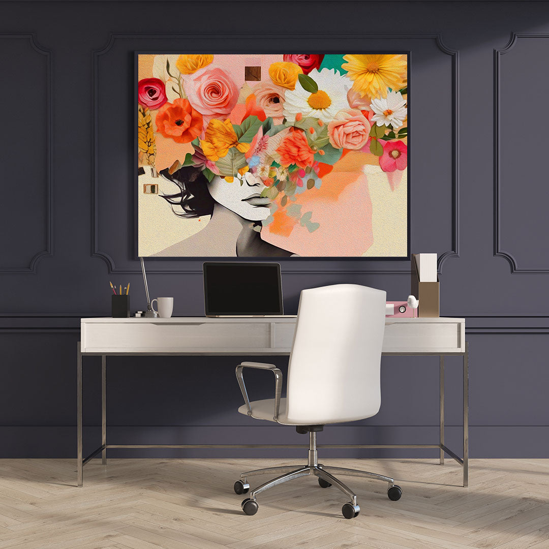 Peinture sur toile - Portrait avec fleurs