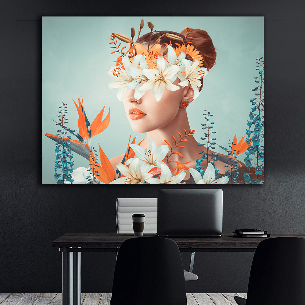 Peinture sur toile - Portrait avec fleurs
