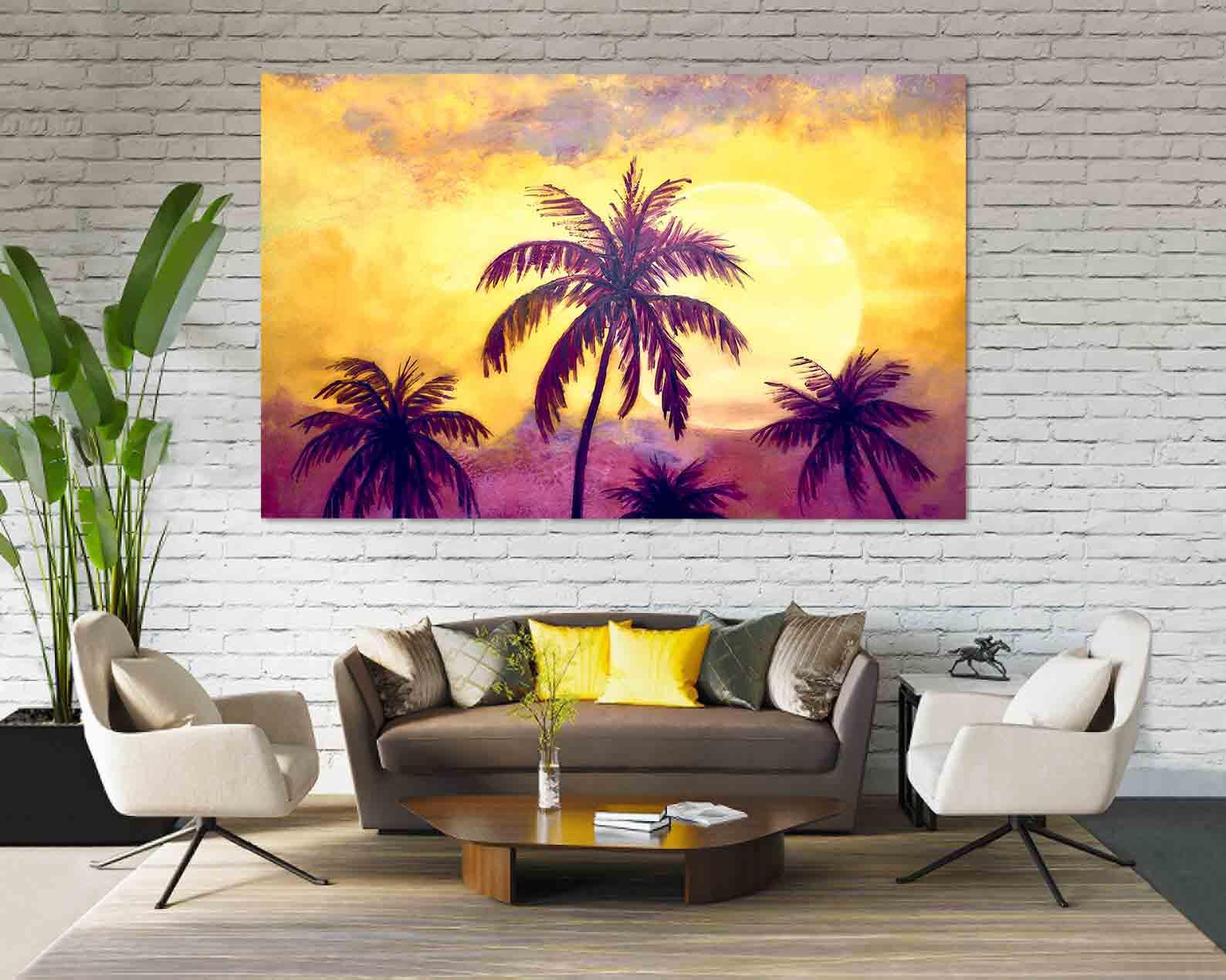 Peinture sur toile - Palmiers et coucher de soleil