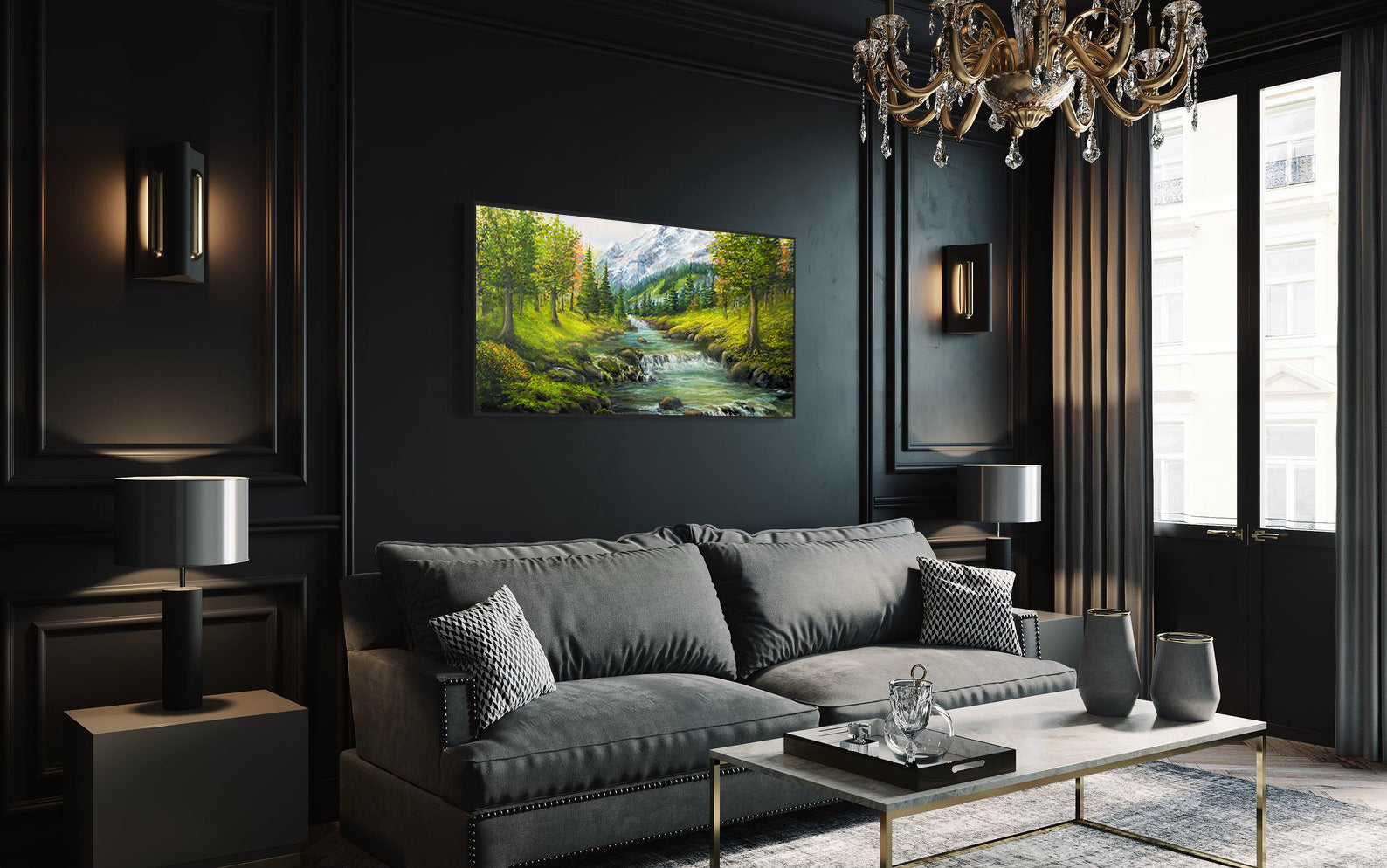 Peinture sur toile - Paysage avec forêt et montagnes