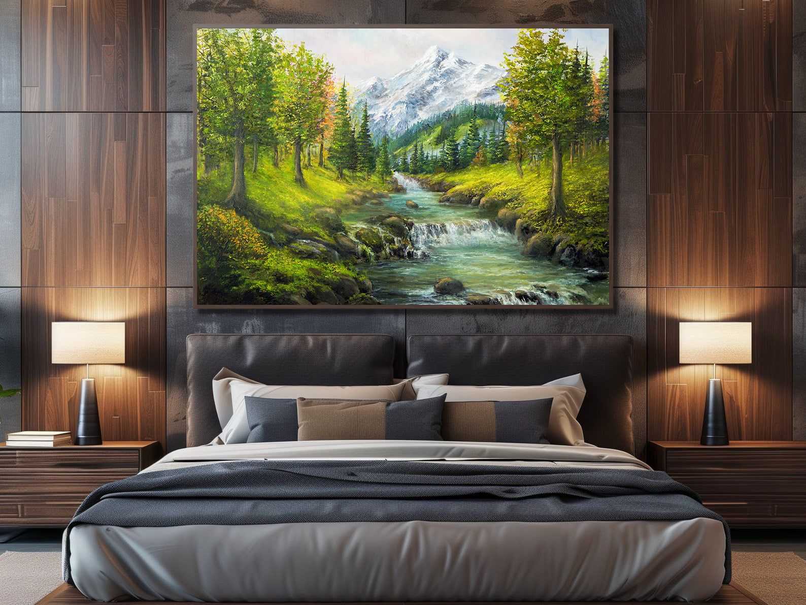 Peinture sur toile - Paysage avec forêt et montagnes