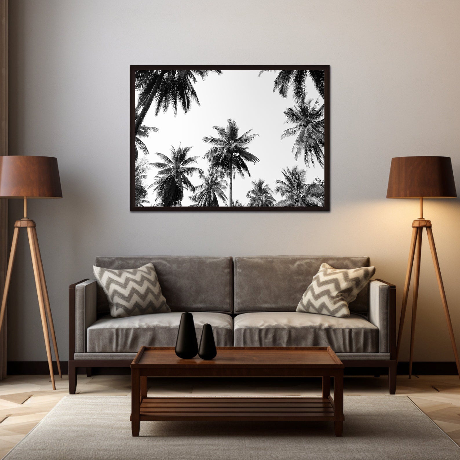 Peinture sur toile - Palmiers en noir et blanc