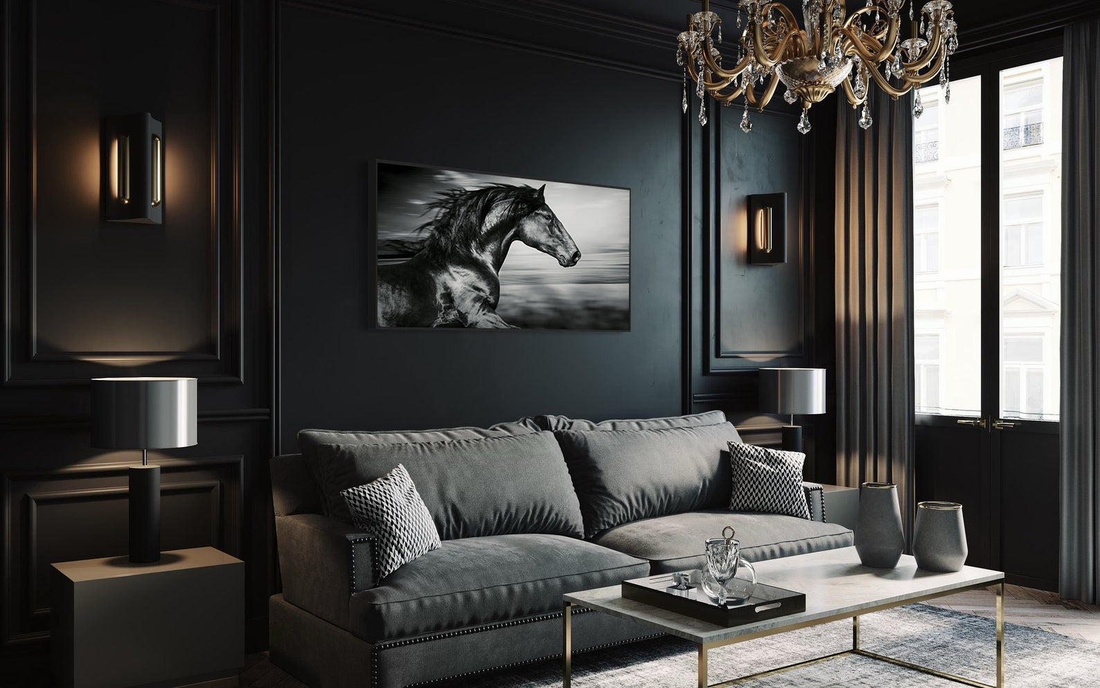 Peinture sur toile - Cheval de sport noir