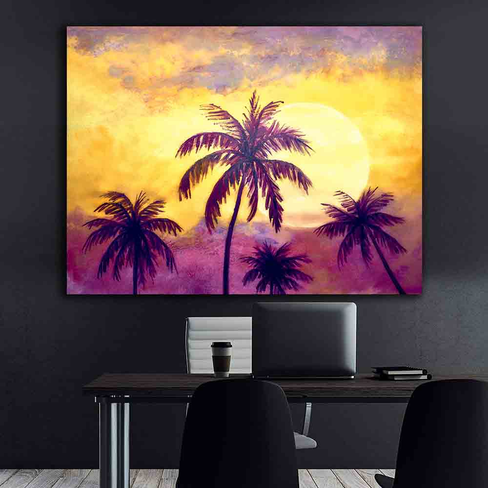 Peinture sur toile - Palmiers et coucher de soleil